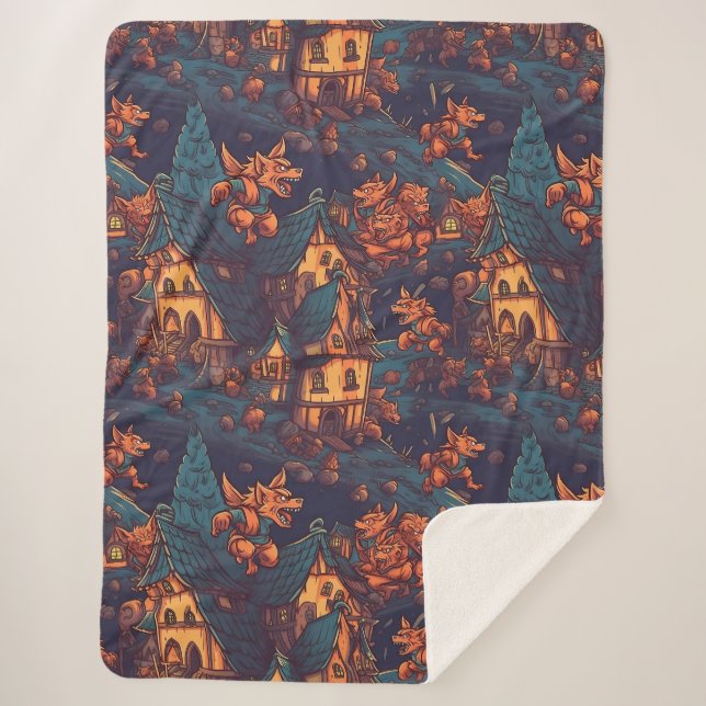 Cute Werewolves Running Around a Village Sherpa Blanket (Front)