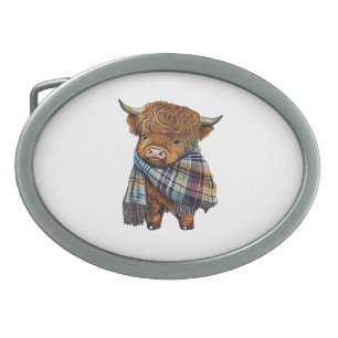 Cute West Highland Cow Baby With Plaid Scarf Wrapp Belt Buckle