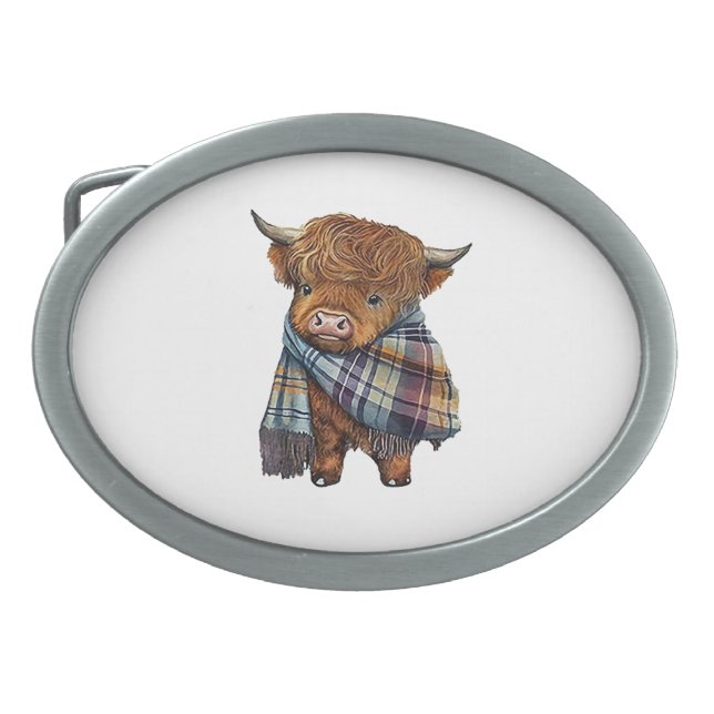 Cute West Highland Cow Baby With Plaid Scarf Wrapp Belt Buckle (Front)