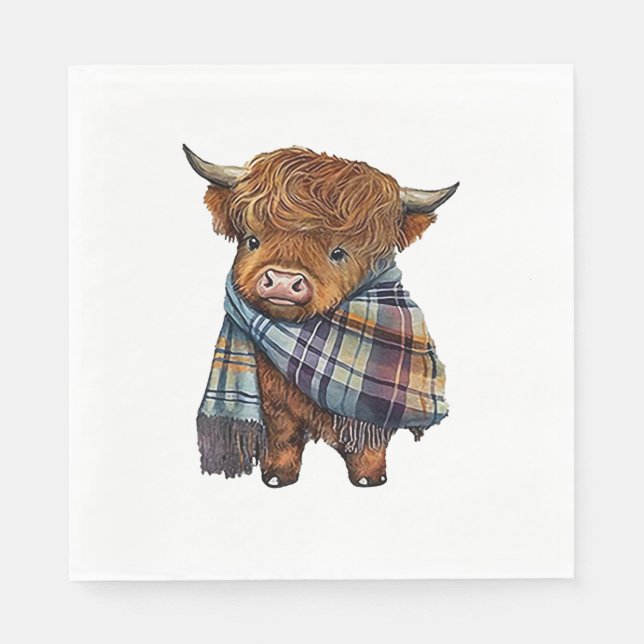 Cute West Highland Cow Baby With Plaid Scarf Wrapp Napkins (Front)