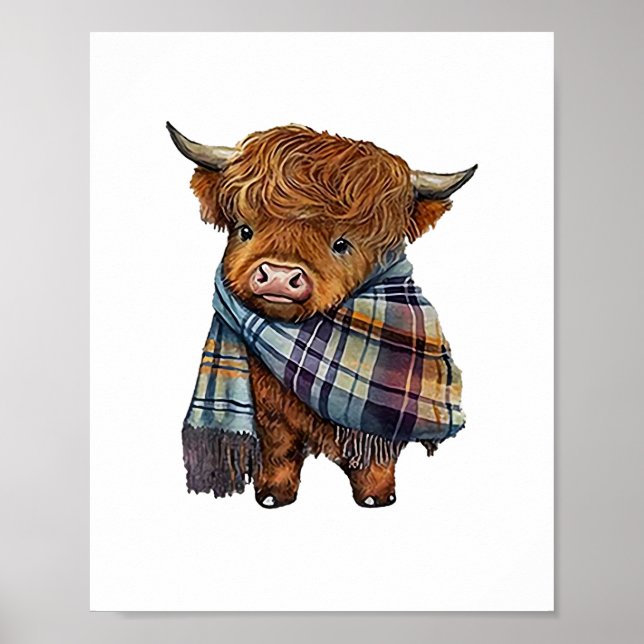 Cute West Highland Cow Baby With Plaid Scarf Wrapp Poster (Front)