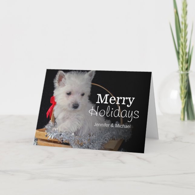 Cute West Highland Terrier in basket Holiday Card (Front)