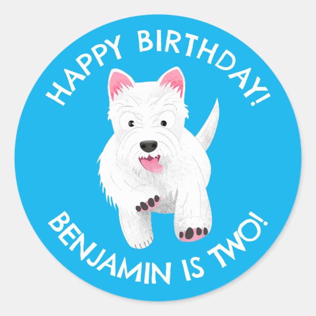 Cute west highland terrier personalized birthday classic round sticker (Front)