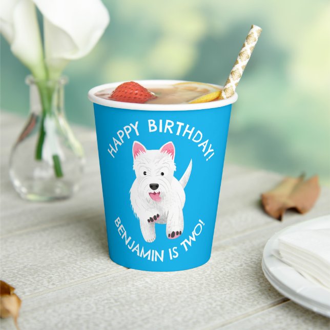 Cute west highland terrier personalized birthday paper cups (Insitu)