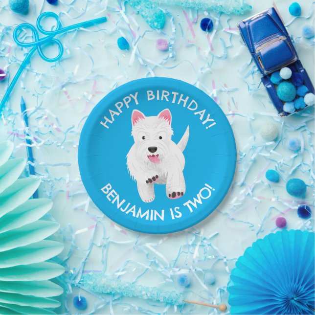Cute west highland terrier personalized birthday paper plates (Party)