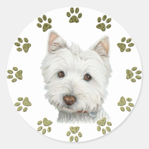 Cute West Highland White Terrier Dog and Paws Classic Round Sticker
