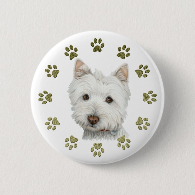 Cute West Highland White Terrier Dog and Paws Pinback Button (Front)