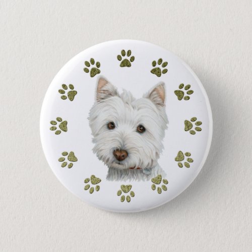 Cute West Highland White Terrier Dog and Paws Pinback Button