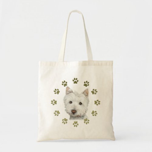 Cute West Highland White Terrier Dog and Paws Tote Bag
