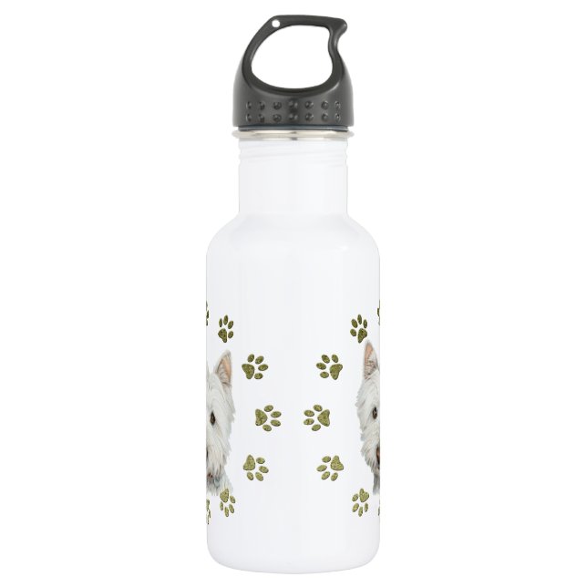 Cute West Highland White Terrier Dog and Paws Water Bottle (Front)