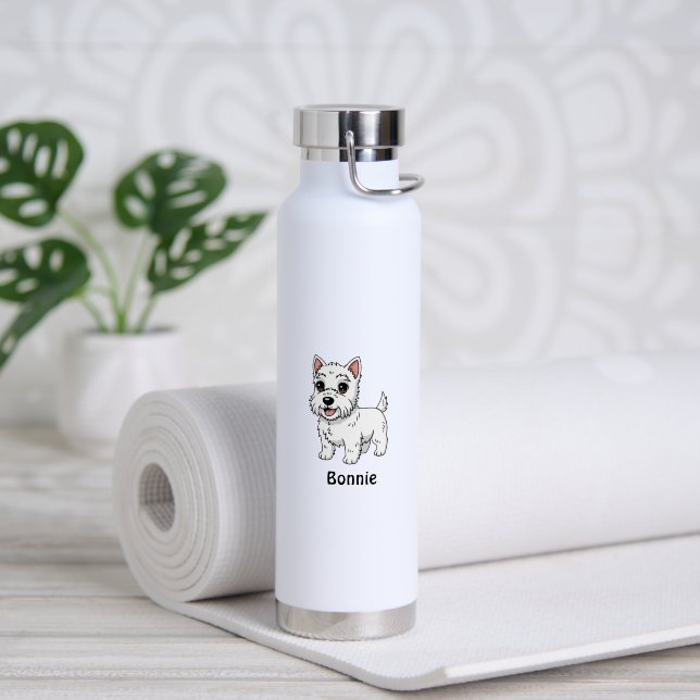 Cute West Highland White Terrier Dog Custom Name Water Bottle (Yoga (Rotated))
