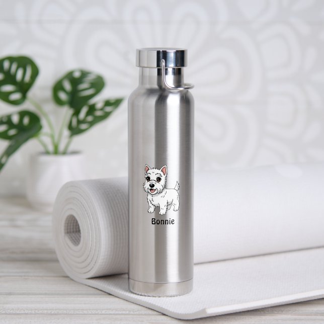Cute West Highland White Terrier Dog Custom Name Water Bottle (Yoga (Rotated))