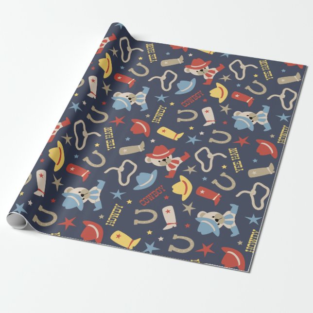 Cute Western Baby Cowboy Bear Wrapping Paper (Unrolled)
