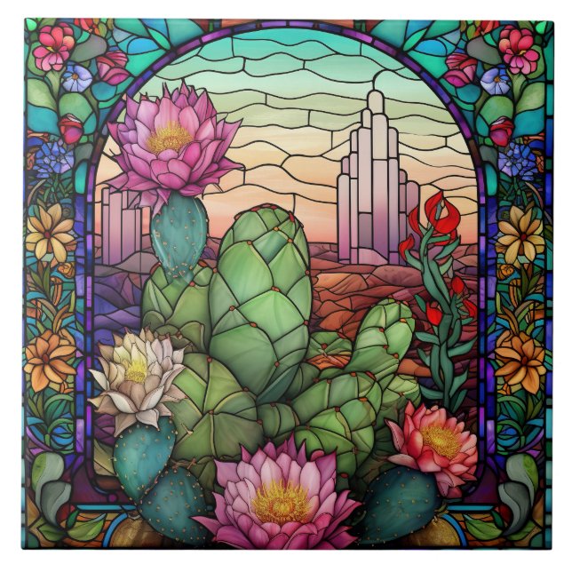 cute western cactus lovers stained glass  ceramic tile (Front)