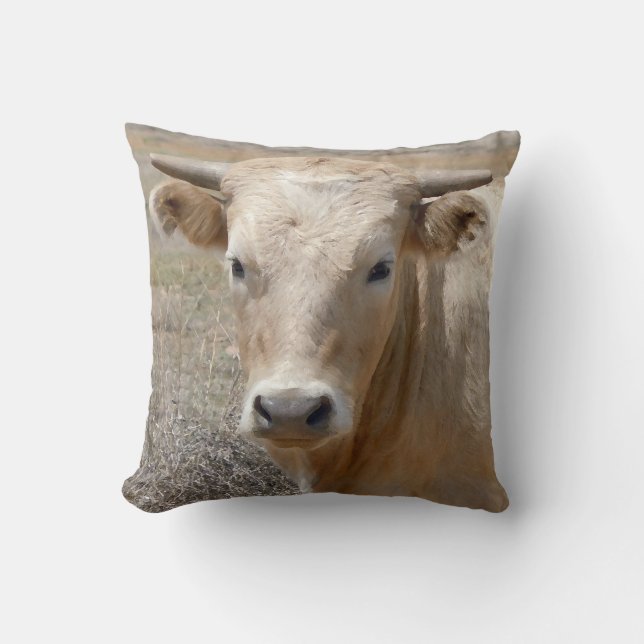 Cute Western Charolais Cow Face Throw Pillow (Front)