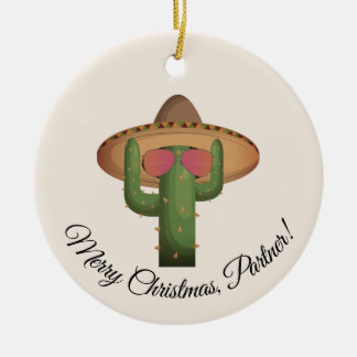 Cute Western Christmas Cactus Custom Ceramic Ornament