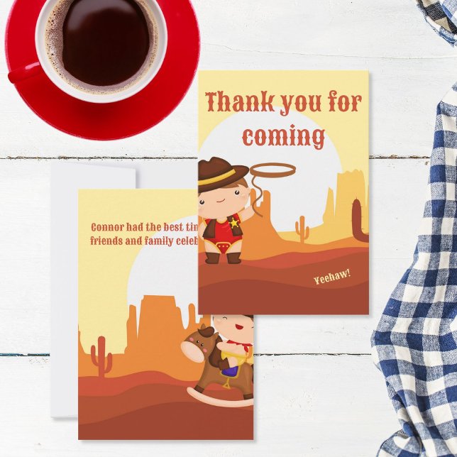 Cute Western Cowboy 1st rodeo Age 1 birthday Thank You Card (Thank you for coming little cowboys)