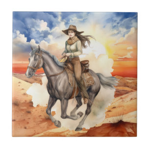 cute Western cowgirl desert Ceramic Tile