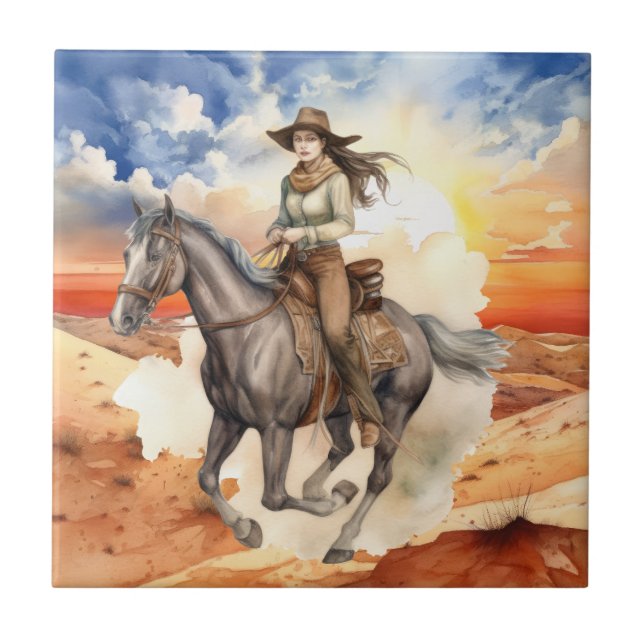 cute Western cowgirl desert Ceramic Tile (Front)