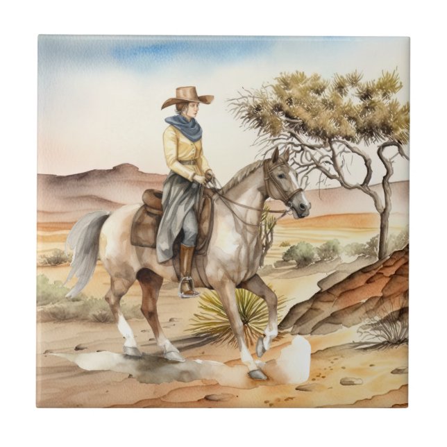 cute Western cowgirl desert  Ceramic Tile (Front)