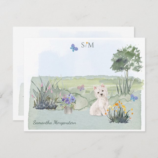 Cute Westie Butterfly Meadow Monogram & Name Note Card (Front/Back)