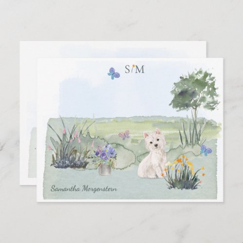 Cute Westie Butterfly Meadow Monogram  Name Note Card