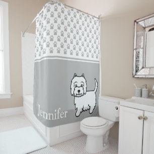 Cute Westie Cartoon Dog With Name And Paws Gray Shower Curtain