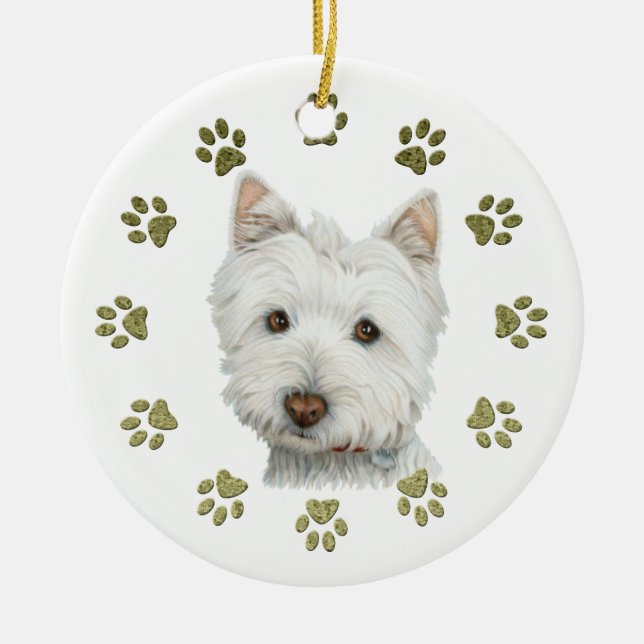 Cute Westie Dog Art and Paws Ceramic Ornament (Front)