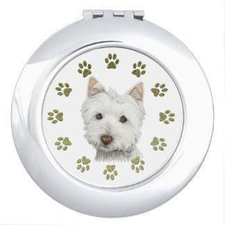 Cute Westie dog art and Paws compact mirror