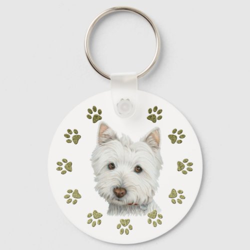 Cute Westie Dog Art and Paws Keychain