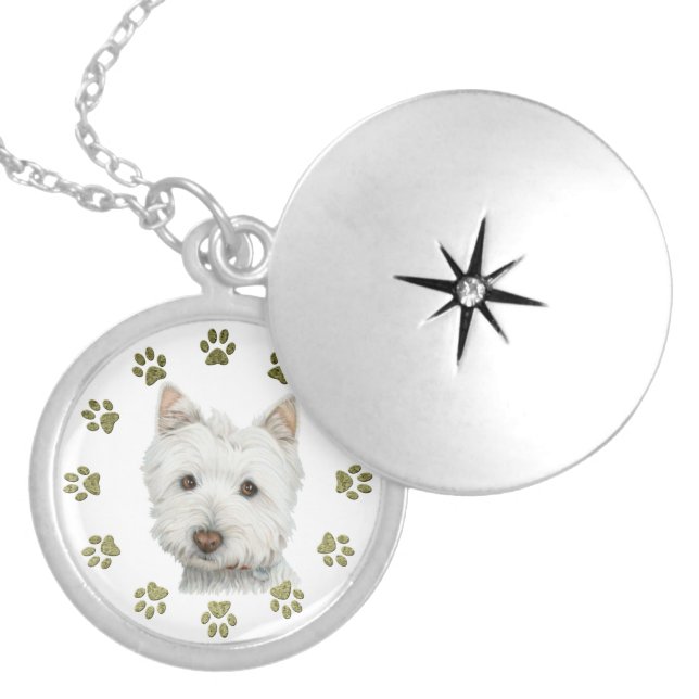 Cute Westie Dog Art and Paws Locket Necklace (Front)