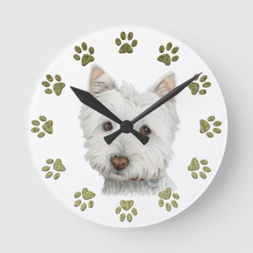 Cute Westie Dog Art and Paws Round Clock