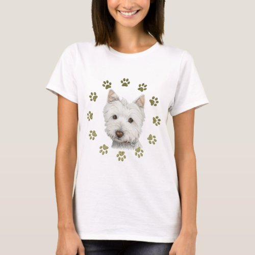 Cute Westie Dog Art and Paws T_Shirt
