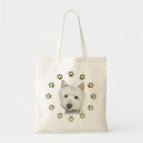 Cute Westie Dog Art and Paws Tote Bag