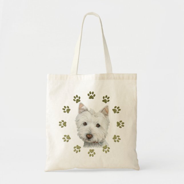 Cute Westie Dog Art and Paws Tote Bag (Front)