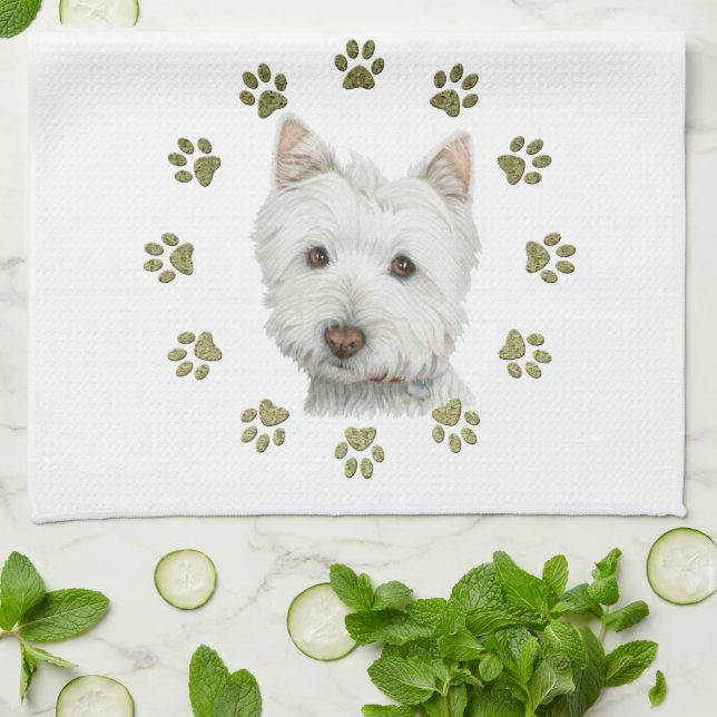 Cute Westie Dog Art and Paws Towel (Folded)