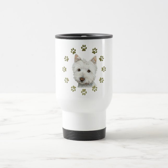 Cute Westie Dog Art and Paws Travel Mug (Center)