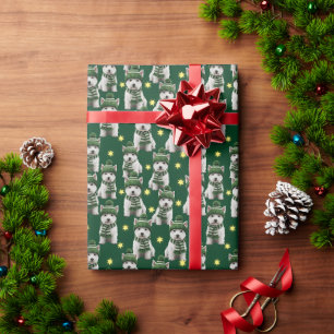 Cute Westie Dog in Green Winter Hat Pattern Wrapping Paper