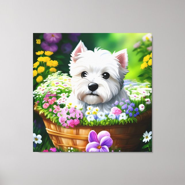 Cute Westie White Terrier Puppies in a Basket 5 Canvas Print (Front)