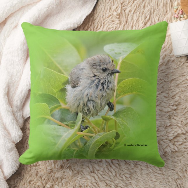 Cute Wet Wee Bushtit Songbird in Laurel Shrub Throw Pillow (Blanket)