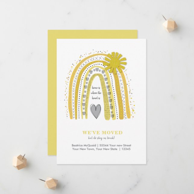 Cute We've Moved Boho Yellow Gray Rainbow Announcement (Front/Back In Situ)