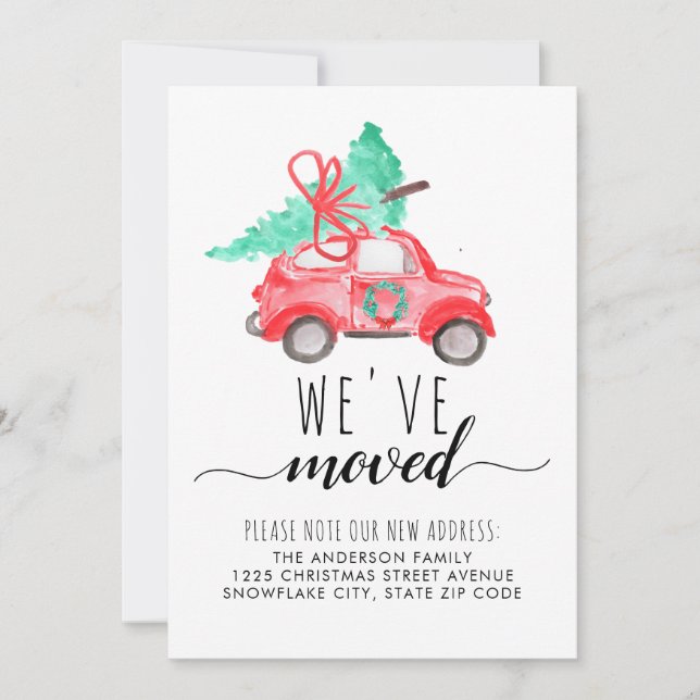 Cute We've Moved Christmas Car Tree Holiday Moving Announcement (Front)