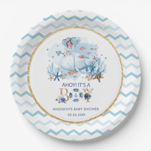Cute Whale Ahoy Its a Boy Nautical Baby Shower Paper Plates