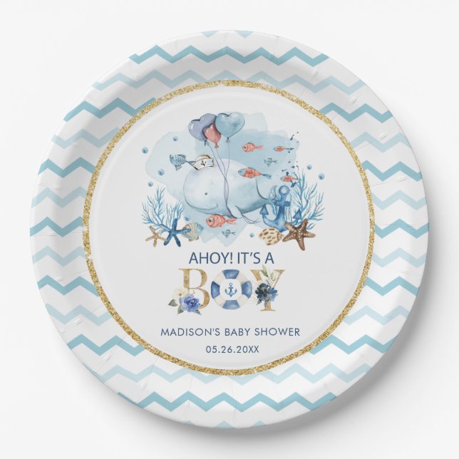 Cute Whale Ahoy It's a Boy Nautical Baby Shower Paper Plates (Front)