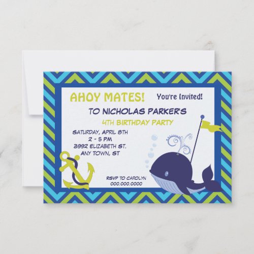 Cute Whale and Anchor Birthday Party Invitation