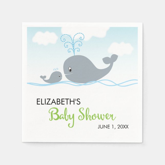 Cute Whale and Baby Whale, Baby Shower Napkins (Front)