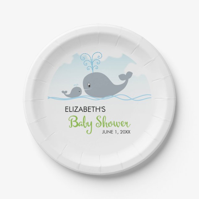 Cute Whale and Baby Whale, Baby Shower Paper Plates (Front)