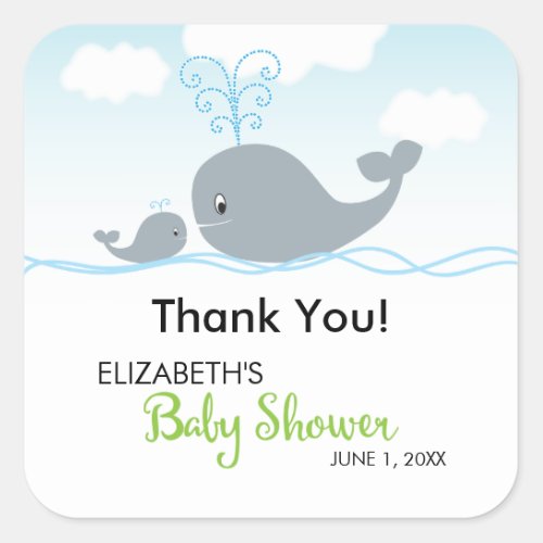 Cute Whale and Baby Whale Baby Shower Square Sticker