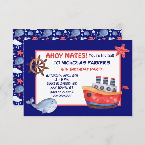 Cute Whale and Boat Birthday Party Invitation