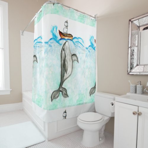 Cute whale and boat watercolor shower curtain